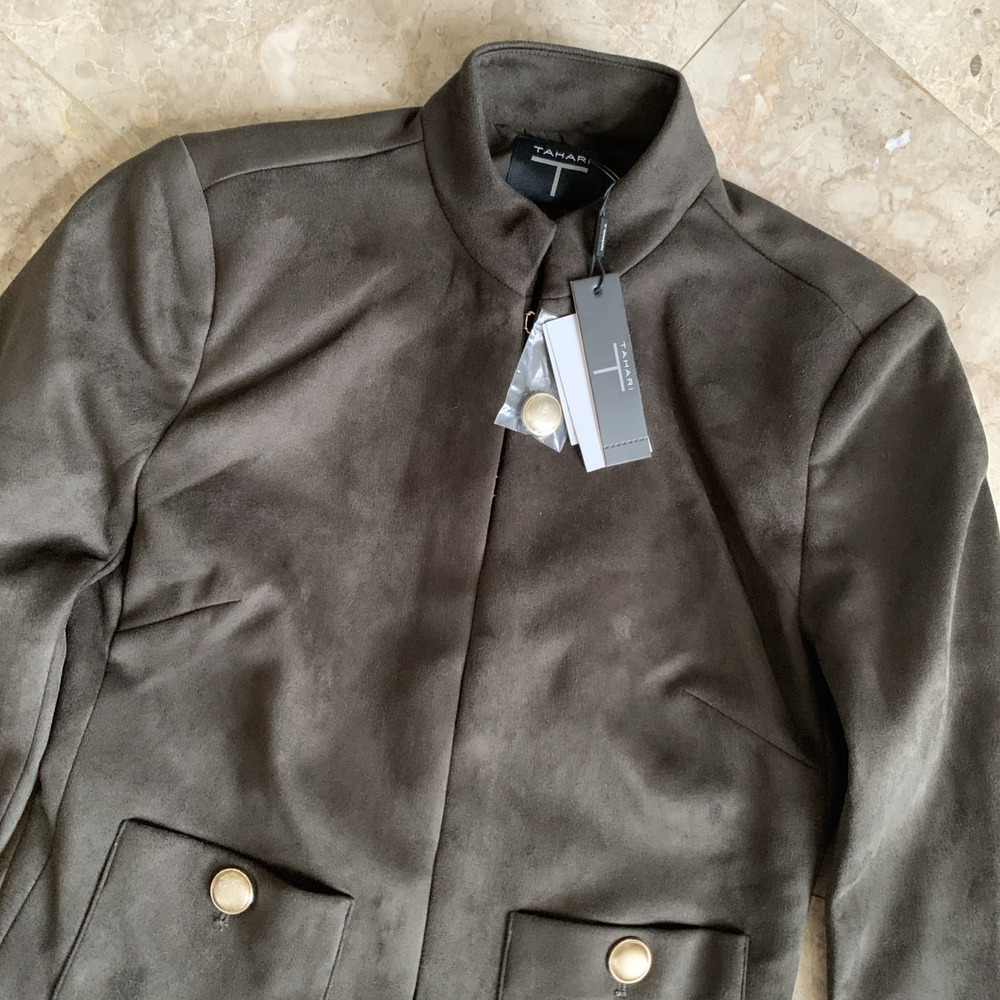 NWT Tahari Faux Suede Jacket Gold Tone Button Patch Pockets Olive Green Sz XS